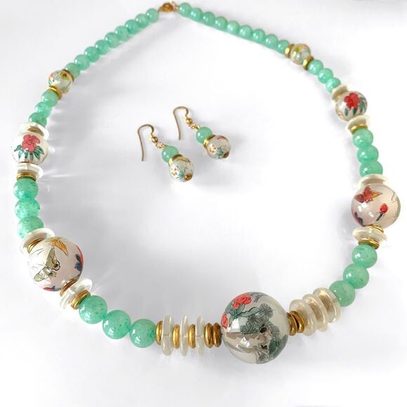 Chinese Reverse Painted Aventurine Bead Necklace Set - Picture 2 of 4